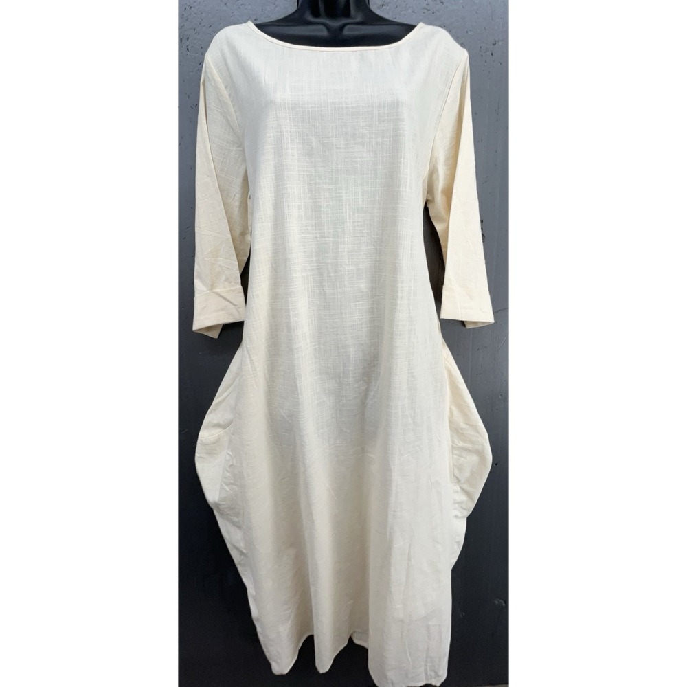 Celmia Dress M Ivory Cream Cotton‎ Pockets Boho Lagenlook Minimalist Chic NEW